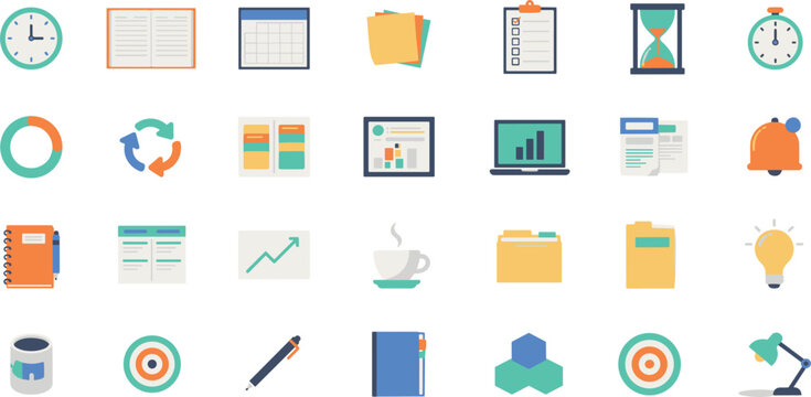Business office management and productivity flat icons set with clock folders charts laptop checklist calendar graphs and workplace supplies vector