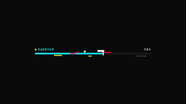 Pixelated loading bar filling cyan color with percentage counter and retro digital glitch distortion on black background for game UI.