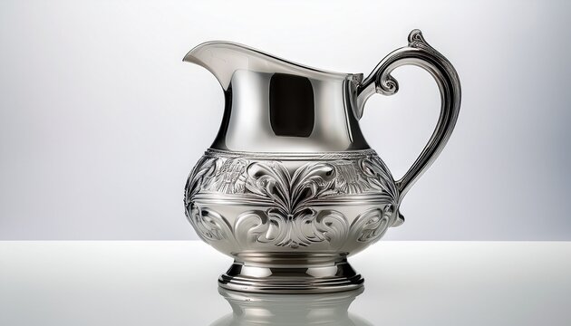 A Beautifully Crafted Silver Pitcher With An Ornate Handle Sits Solo On A Clean White Background Its Reflective Surface Glistening With Subtle Elegance