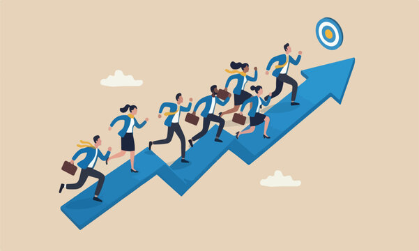 Business growth, career development or progress on rising up arrow, team motivation or strategy to reach target concept, business people employee running on growth rising up arrow