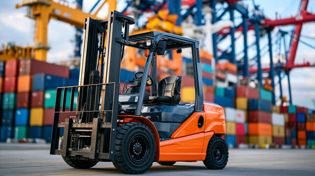 Orange industrial forklift transporting goods through a large container terminal, colorful cargo containers stacked in neat rows, powerful harbor cranes loading and unloading freight, modern maritim