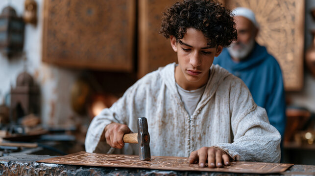 Young Moroccan apprentice ironworker hammering decorative geometric pattern into copper sheet at traditional souk workshop intricate finished panels hanging behind master