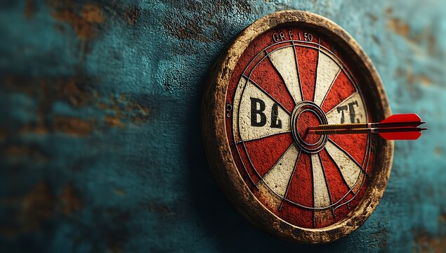 Vintage dartboard with red and white stripes, hit by an arrow, on a blue wall