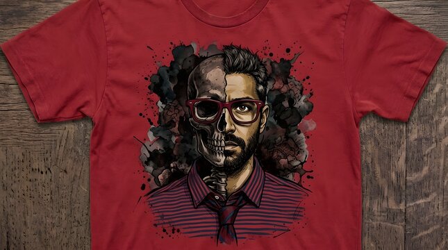 Tshirt design featuring a man with a skull face half, wearing glasses and a striped shirt, artistic watercolor style