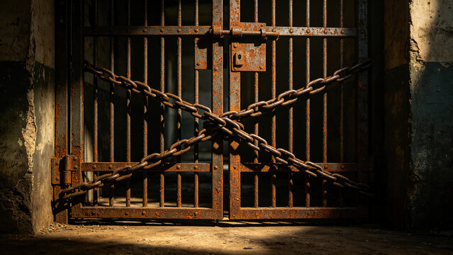 Rusted iron prison cell gate with crossed chains, abandoned corridor in shadow