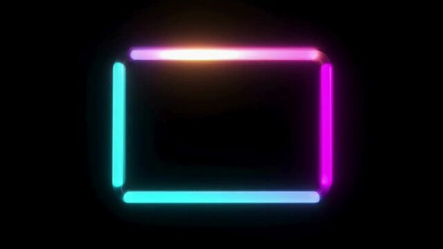 A glowing neon rectangle with vibrant cyan, magenta, and orange lights against a black background.