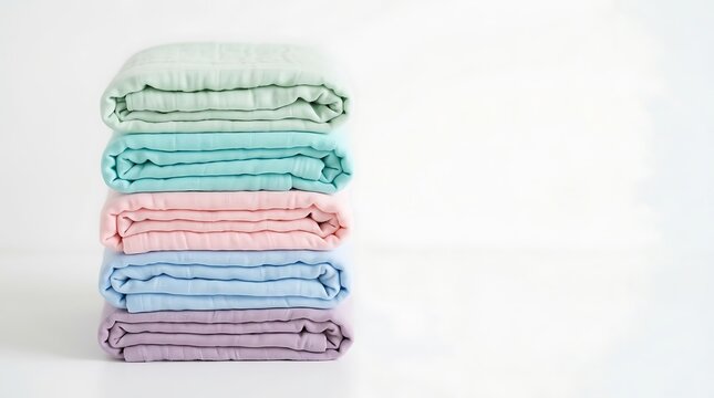 Folded Pastel Blankets Stacked on White Background Minimalist Home Linens for Cozy Comfort and Modern Interior Bedding