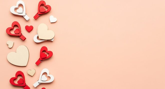 Wooden hearts in various sizes and colors are arranged on a peach colored background