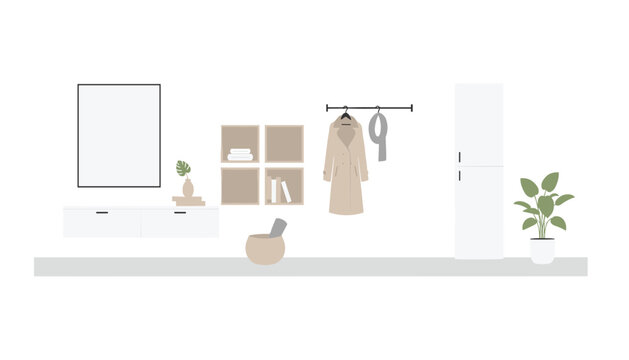 Minimalist home entryway design with a sleek white console table, wall mirror, coat rack, and decorative storage shelves.