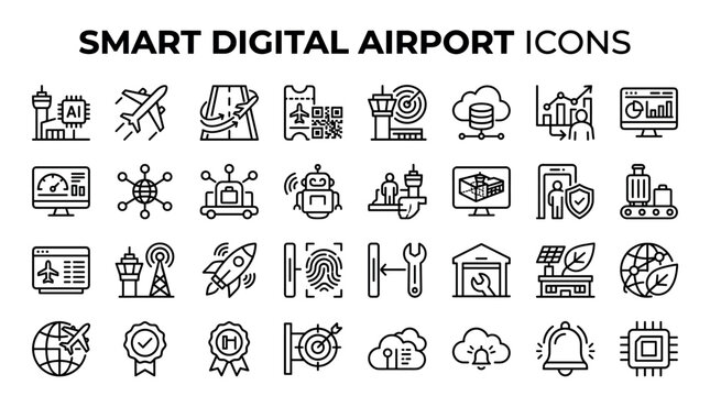 A collection of smart digital airport icons illustrating modern aviation technology, passenger services, security, data analytics, and automation in a clean linear vector style for travel apps.
