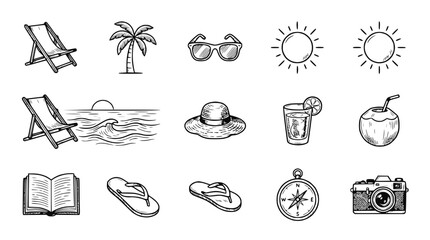 Summer Vacation Icons Set: Beach, Sun, Relaxation, Travel & Fun Hand-Drawn Elements © Capi
