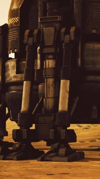 A futuristic robotic lander stands poised on the dusty terrain of Mars, its metallic legs firmly planted. Dust swirls around as it readies for an exciting mission on the red planet.