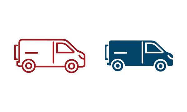 Two simple line icon vans one red and one blue displayed side by side against a white background