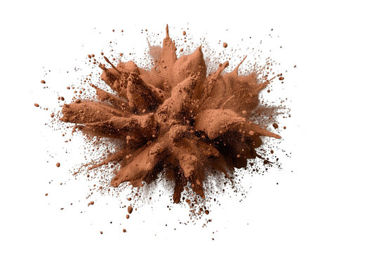 Cocoa powder explosion bursting with chocolate dust creating a dynamic splash on a transparent background