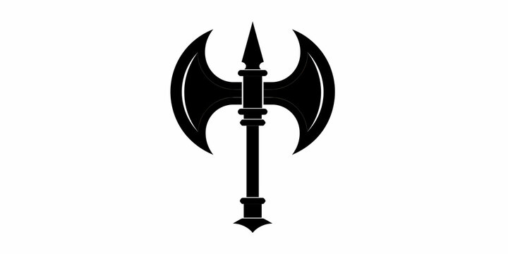 A black and white symbol of a sword and shield is the centerpiece of this image.