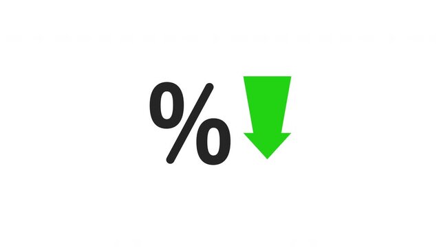 Percentage symbol with green down arrow representing discount rate and price decrease