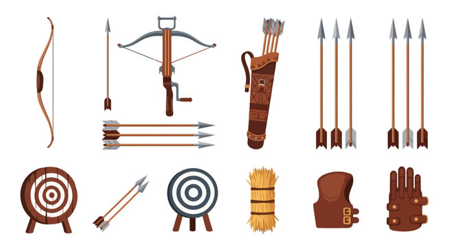 Set of archery equipment featuring wooden bows, arrows, targets and gear