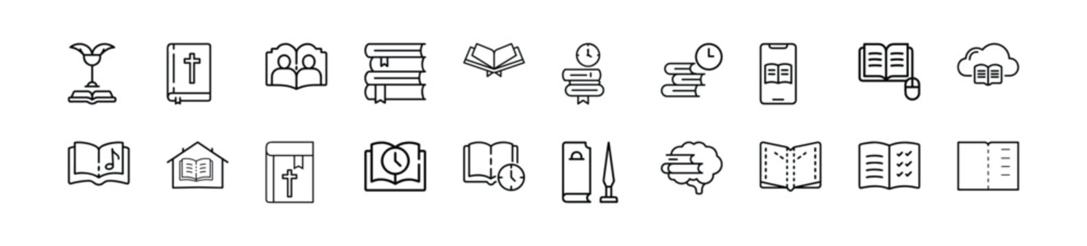 E-book reading and intelligence line icons set, cloud e-learning digital library, brain intelligence memory book, holy bible religion book & more vector illustration with editable stroke
