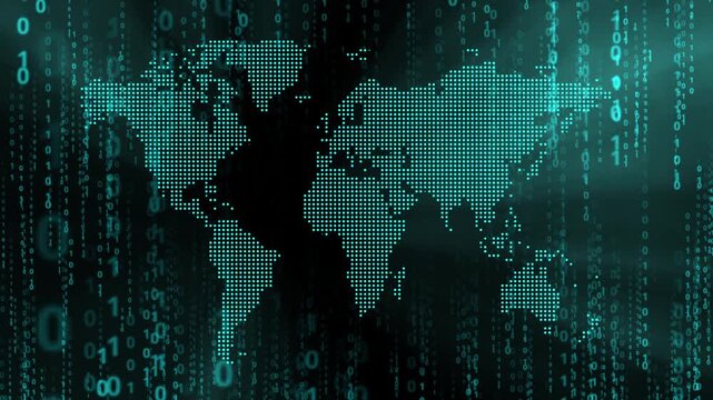 A glowing digital world map with falling binary code and a seamless loop, ideal for AI, cybersecurity, cloud computing, blockchain, global business, technology presentations, and broadcast graphics.