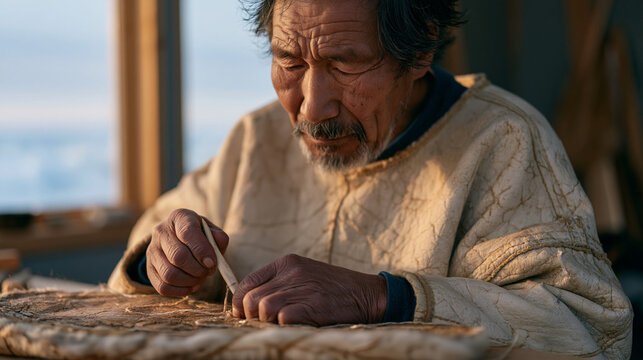 An Inuit craftsman stitches a sealskin kamik boot with sinew thread under the pale light of an overcast arctic day, bone needle held precisely, frozen tundra visible through the