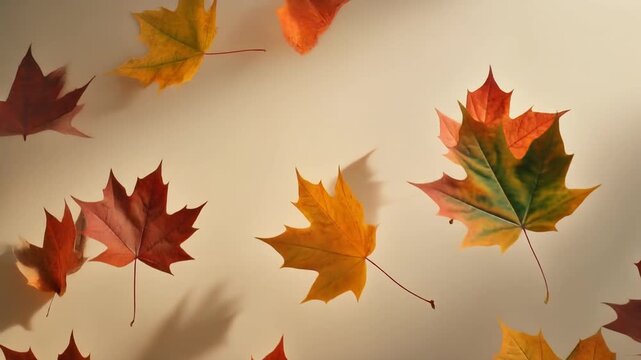 Autumn River in Forest with Falling Maple Leaves