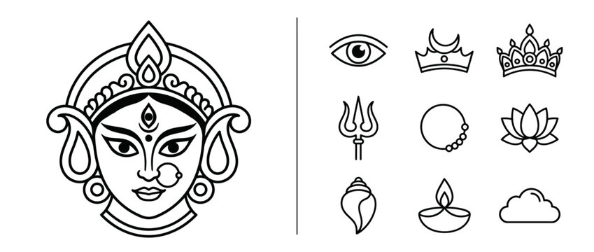 Goddess Durga Face and Hindu Religious Icon Set
