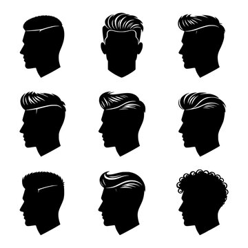 Men's Hairstyles Collection featuring nine popular haircut styles arranged in a professional reference chart. Perfect for barber shops, salon branding, hairstyle guides, grooming apps, and fashion ill