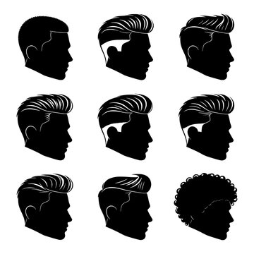 Men's Hairstyles Collection featuring nine popular haircut styles arranged in a professional reference chart. Perfect for barber shops, salon branding, hairstyle guides, grooming apps, and fashion ill