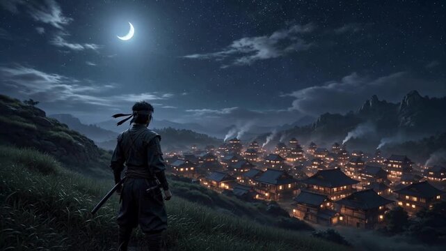 A lone samurai surveys a moonlit Japanese village nestled in a valley, with smoke rising from chimneys under a crescent moon.