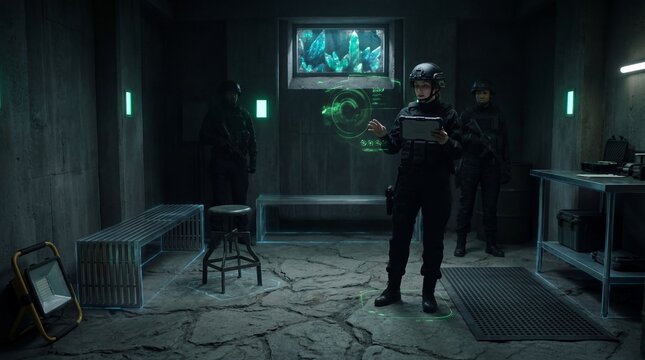 Female tactical officer using interactive hologram interface in futuristic underground laboratory.