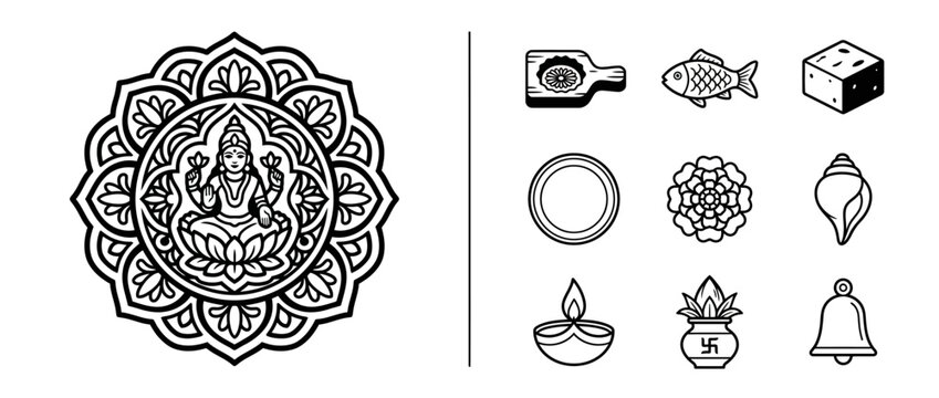 Lakshmi Mandala and Traditional Hindu Ritual Icons Set