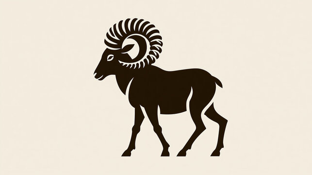 A black and white image of a ram with two horns walking on the beach, with a rooster in the background.