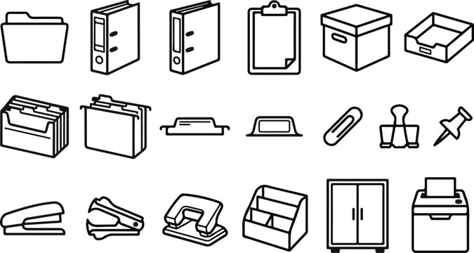 Office stationery and document management collection icons with document