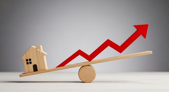 Wooden house figurine on a seesaw with red arrow, symbolizing housing market increase