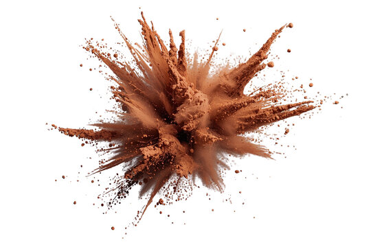Brown powder exploding on transparent background, dynamic burst of cocoa dust scattering with energetic impact