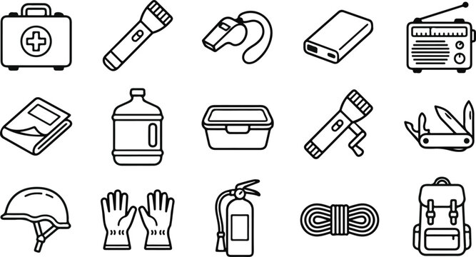 Emergency preparedness and survival gear vector line icon set
