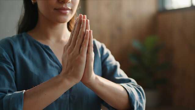 Close up of woman hands folded in prayer or namaste gesture