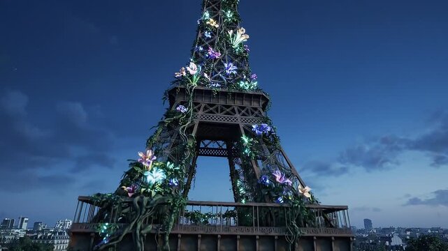 Eiffel Tower covered with glowing flowers and vines against twilight sky, viewed from park greenery as camera slowly circles structure with Paris cityscape visible below, lights shimmering