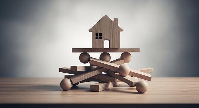 Wooden house on precarious structure, blocks and spheres, representing balance and stability