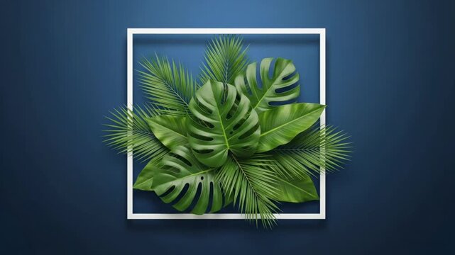 Green tropical monstera and palm leaves in white frame on dark blue background, forming a vibrant nature composition.