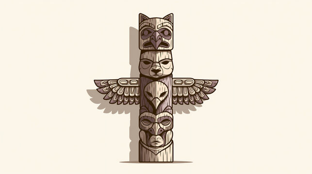 Unique wooden cross made from a totem pole with faces carved into it.