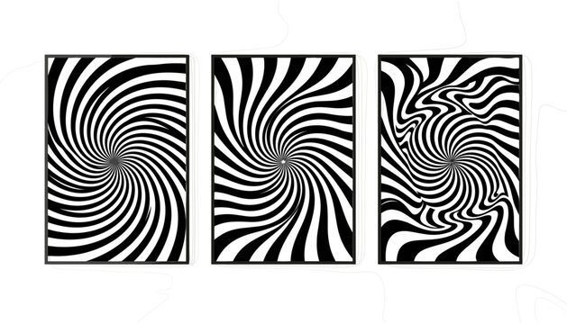 Square Optical Illusion Patterns in Black and White with Swirling Hypnotic Wave Design Background for Modern Decor
