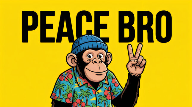 Cool monkey character with peace sign on yellow background illustration