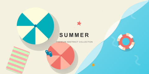 Summer beach background with umbrellas, beach towel, flip flops, life buoy and starfish, top view flat lay © Shafiul Muttaqin 