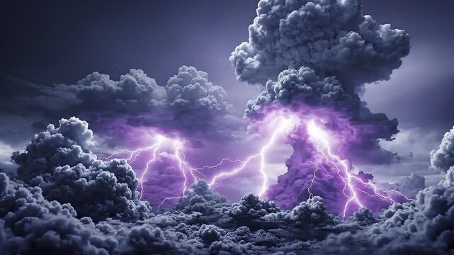 Storm clouds erupt with purple lightning above dark sky, forming massive mushroom shaped plumes and glowing electrical arcs across dramatic atmospheric cloudscape, thunder detail, electricity texture