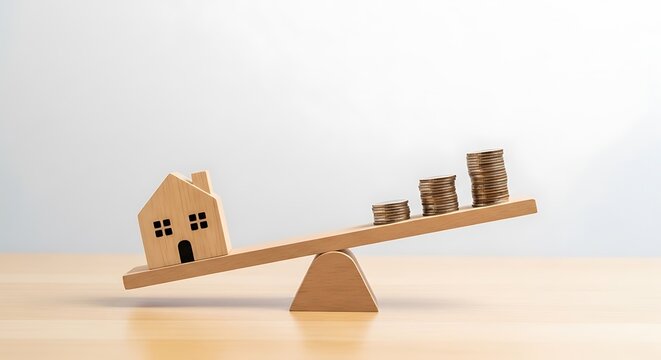 Wooden seesaw balancing a miniature house against stacks of coins, representing investment