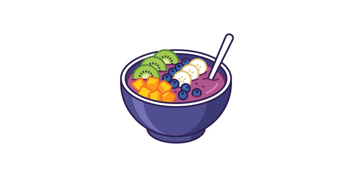 Cartoon Illustration of a Healthy Acai Smoothie Bowl with Fruit Toppings.