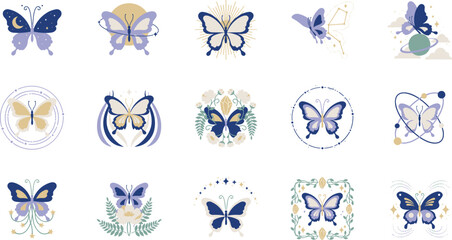 Fototapeta premium Mystical celestial butterfly vector icon set with magic moon stars and floral elements for logo design