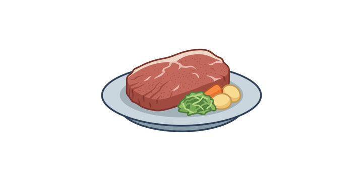 Cartoon illustration of a juicy grilled beef steak served with vegetables on a plate.