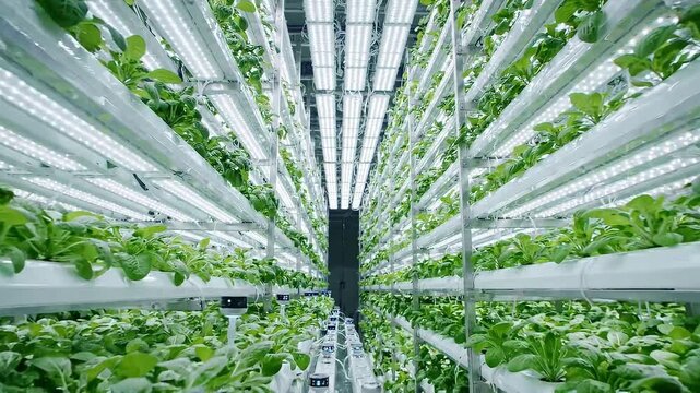 Hydroponic lettuce rows growing under bright LED lights inside vertical farm, with automated nutrient channels and dense green leafy crops arranged in clean industrial greenhouse setting
